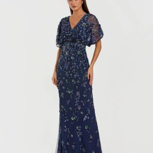 Navy Floral Embellished Short Sleeve Blouson Gown