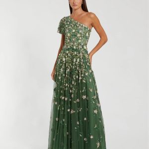 Green One Shoulder Embellished A Line Gown