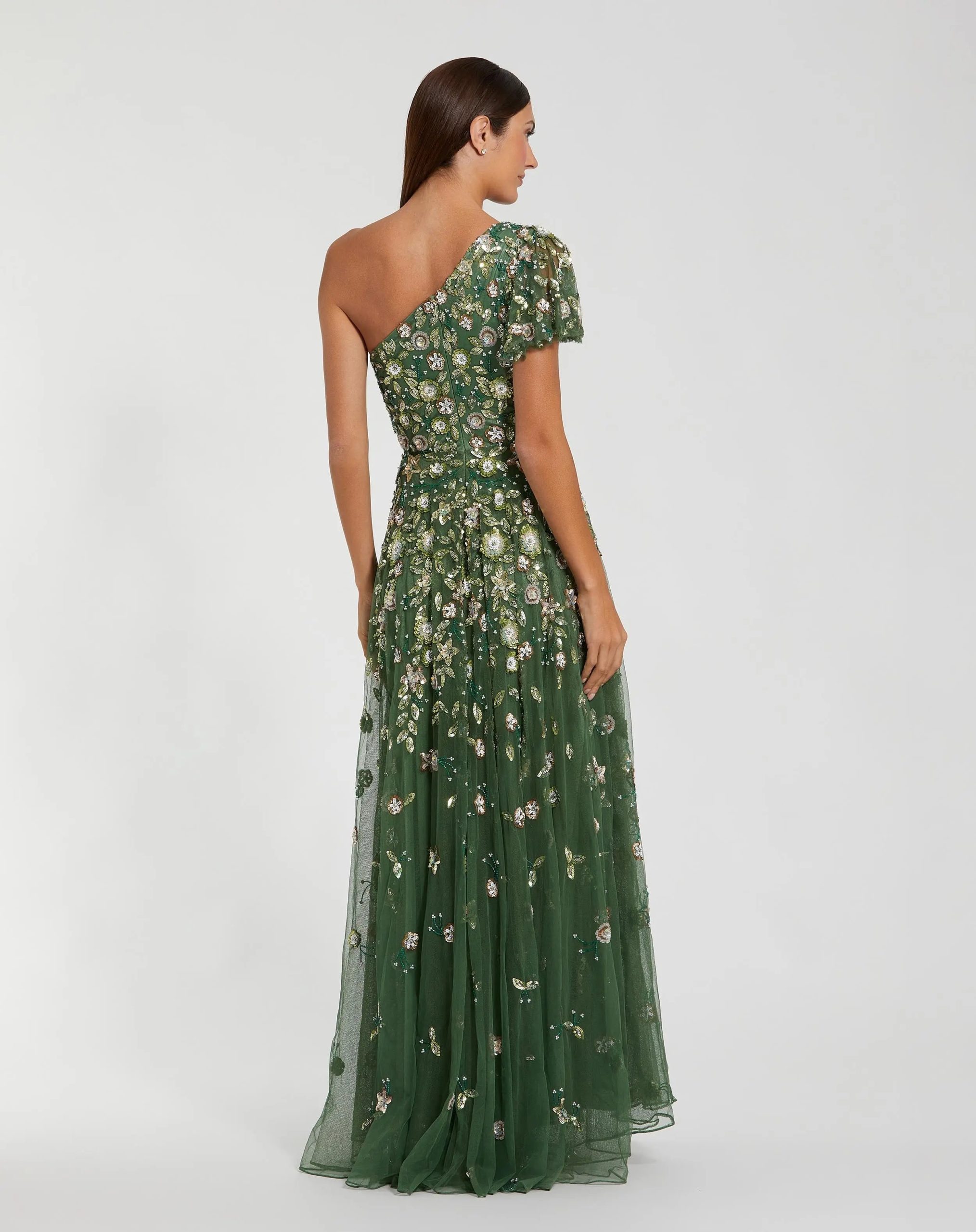 Green One Shoulder Embellished A Line Gown - Image 3