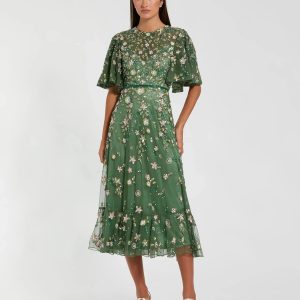 Green Floral Embellished Flutter Sleeve Midi Dress
