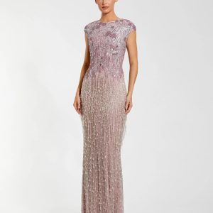 Purple Embellished Cap Sleeve Gown With Fringe Beading