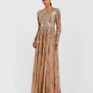 Beige Long Sleeve Sequin Embellished Gown
