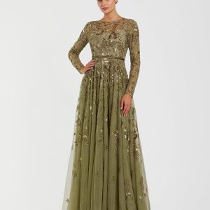 Green Long Sleeve Hand Embellished Floral A-line Gown