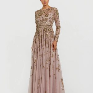 Light Purple Long Sleeve Hand Embellished Floral A-line Gown