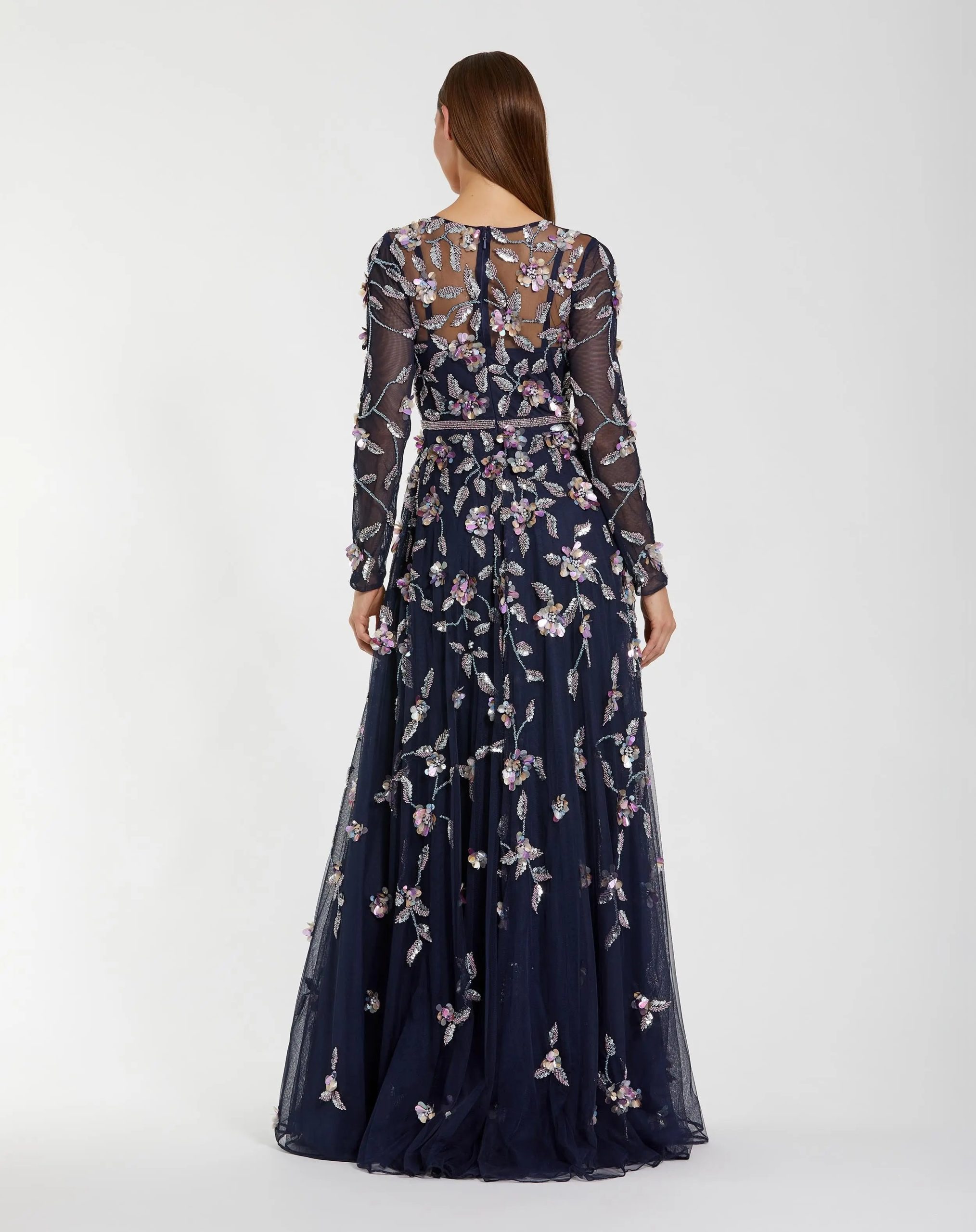 Navy Long Sleeve Floral Embellished Evening Gown - Image 3