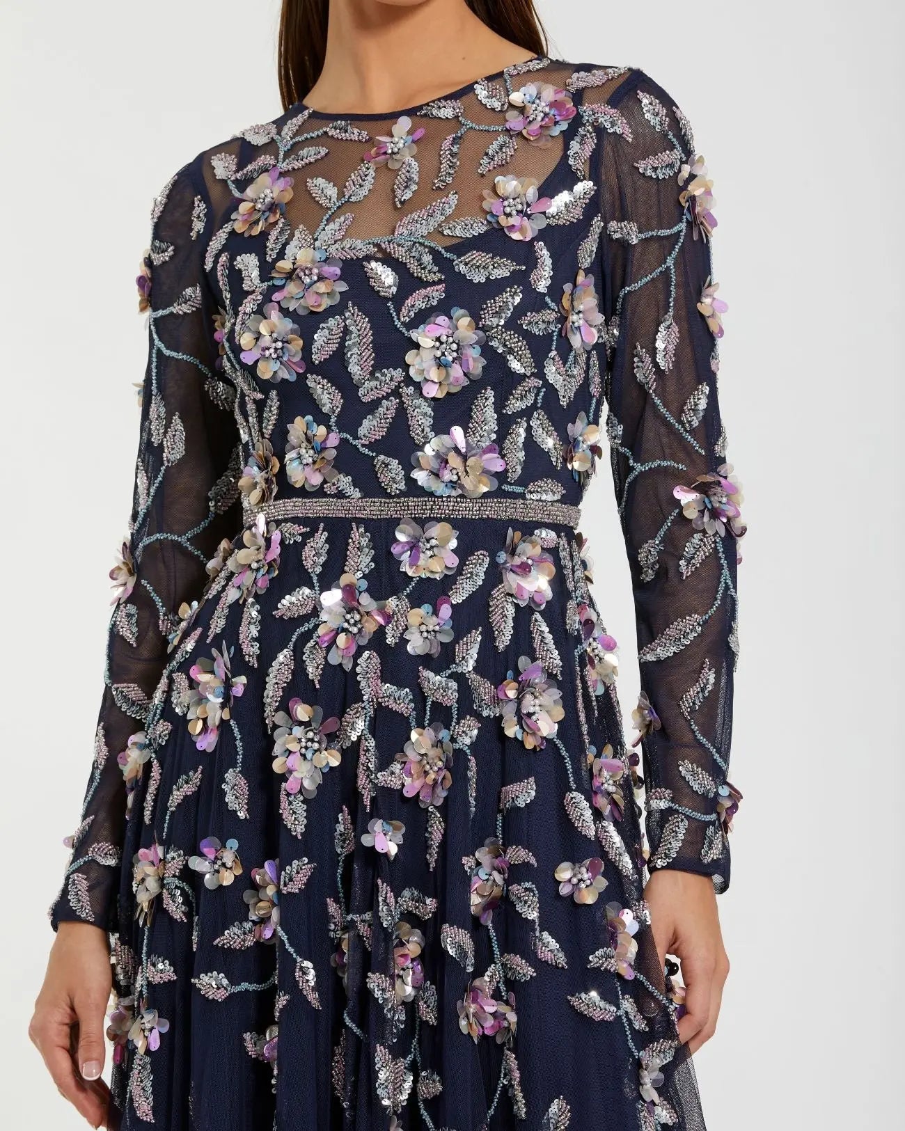 Navy Long Sleeve Floral Embellished Evening Gown - Image 2
