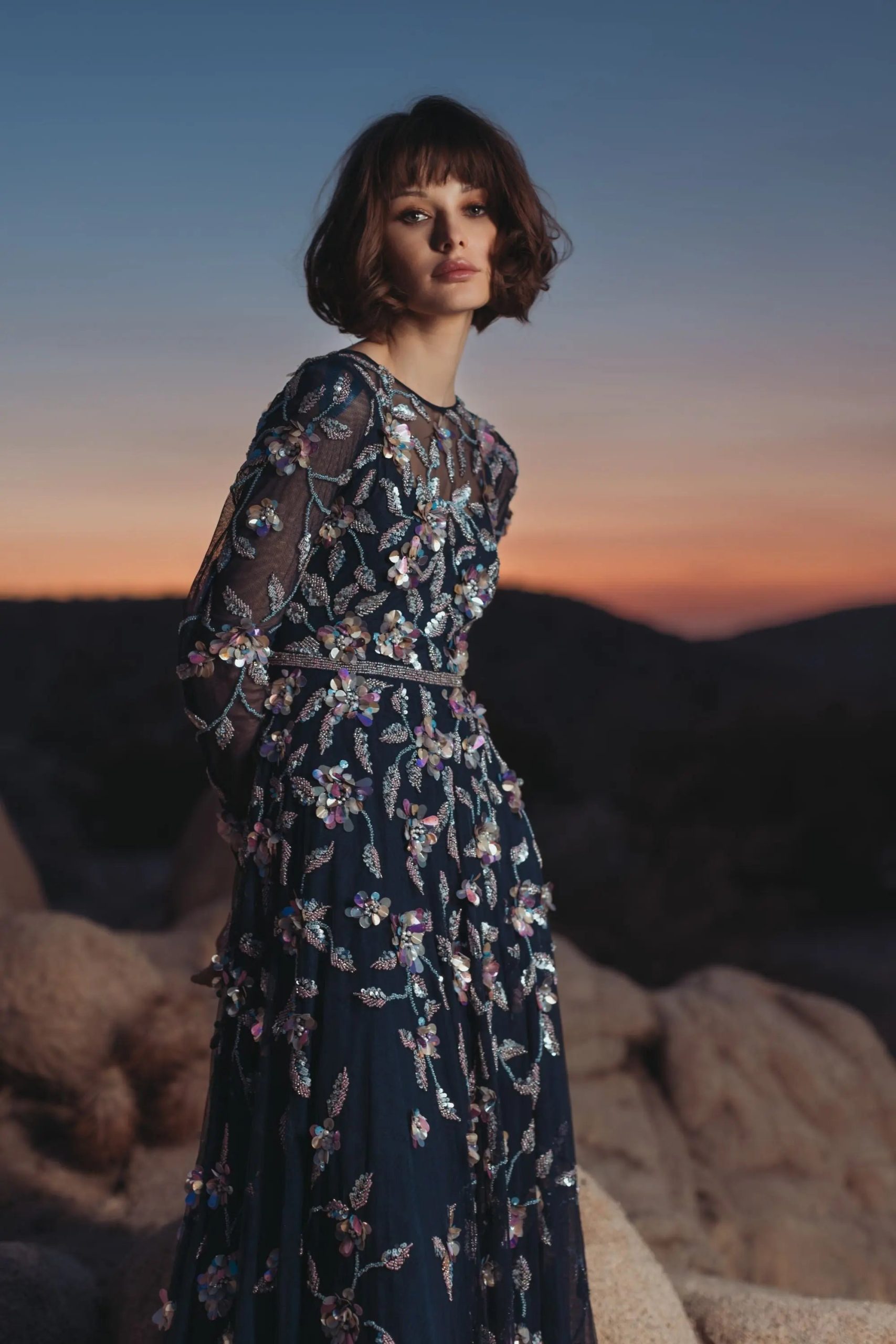 Navy Long Sleeve Floral Embellished Evening Gown - Image 6
