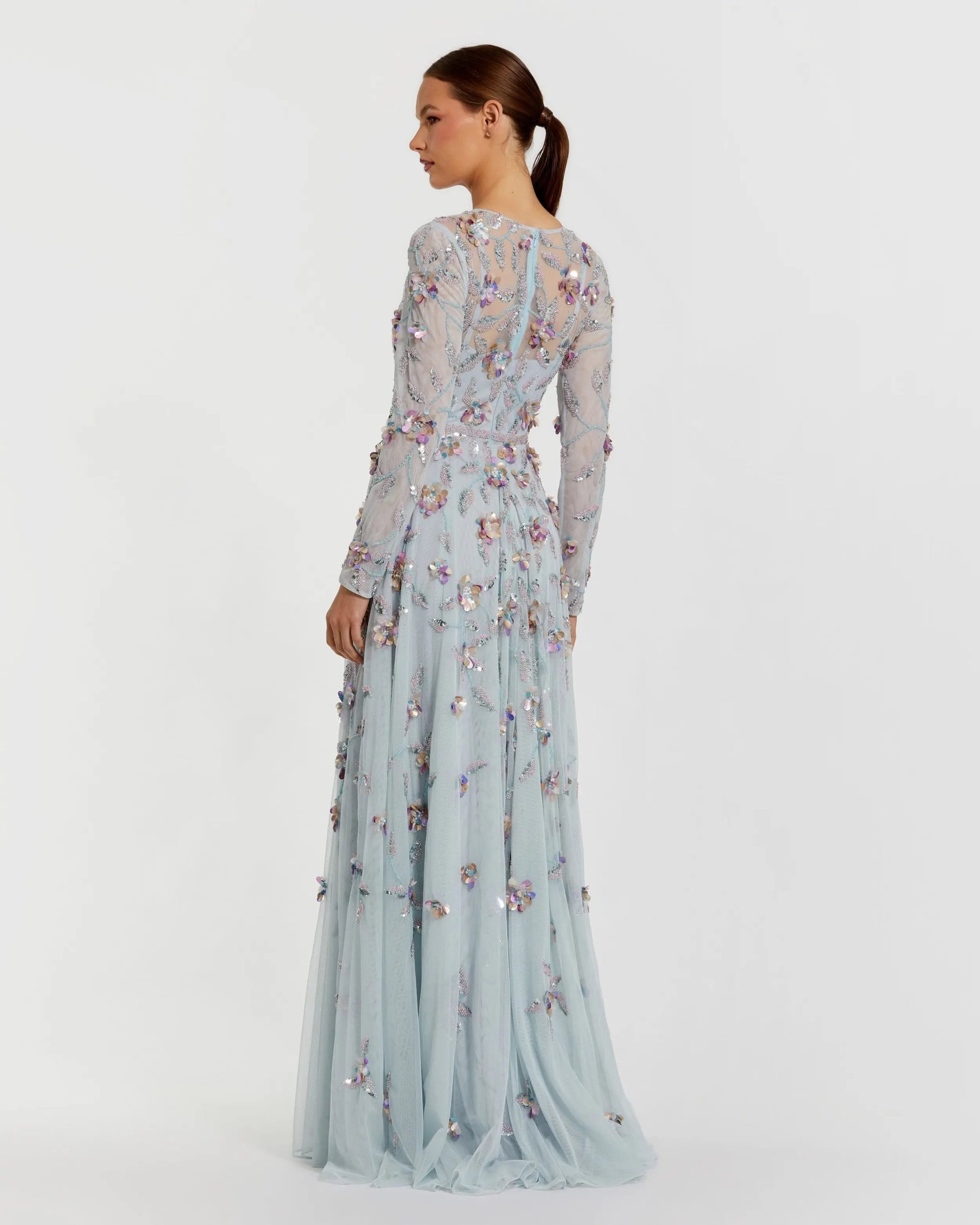 Light Blue Long Sleeve Floral Embellished Evening Gown - Image 3
