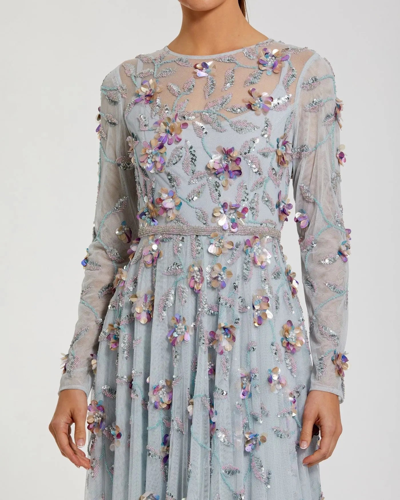 Light Blue Long Sleeve Floral Embellished Evening Gown - Image 2