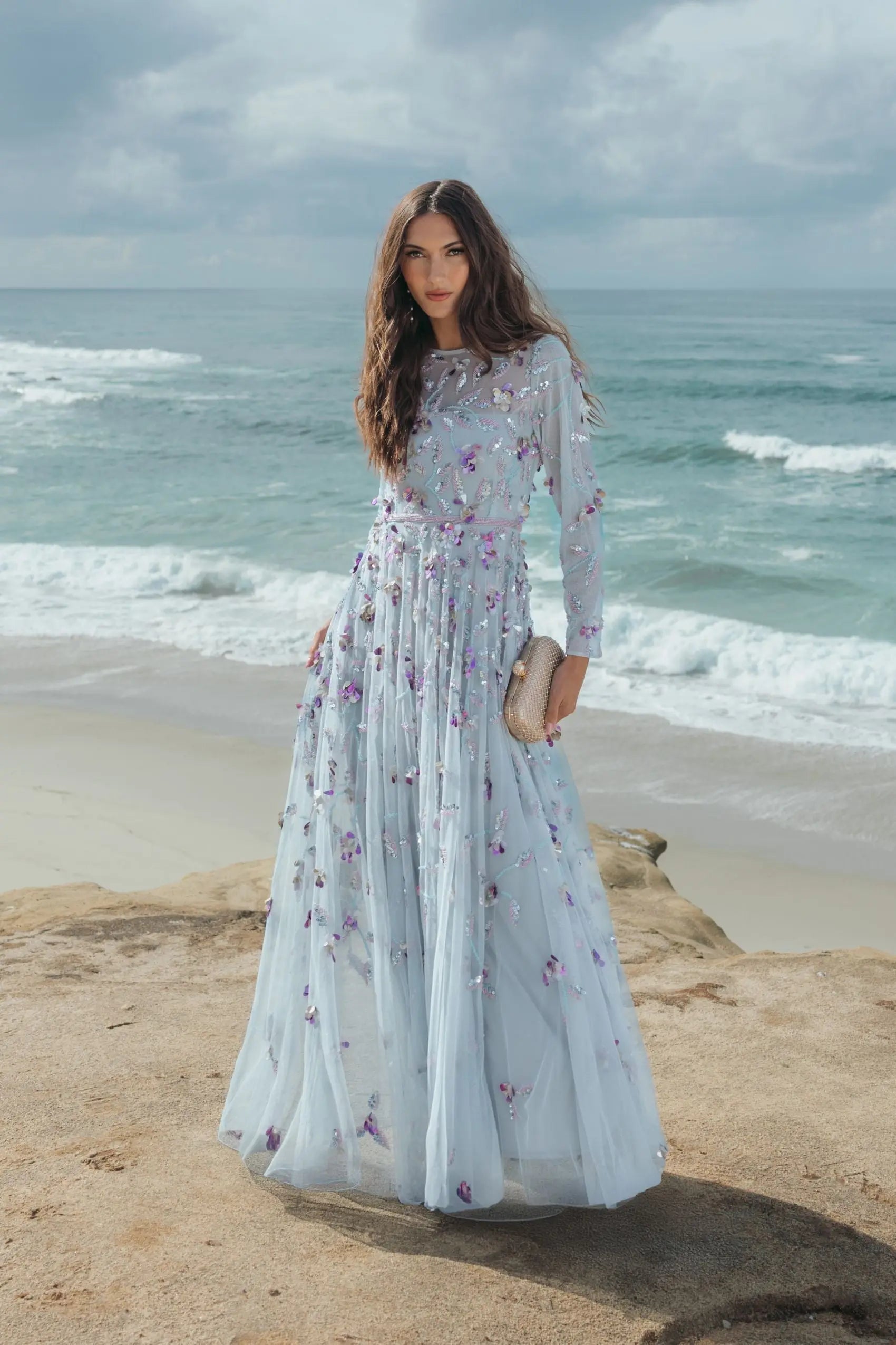 Light Blue Long Sleeve Floral Embellished Evening Gown - Image 4