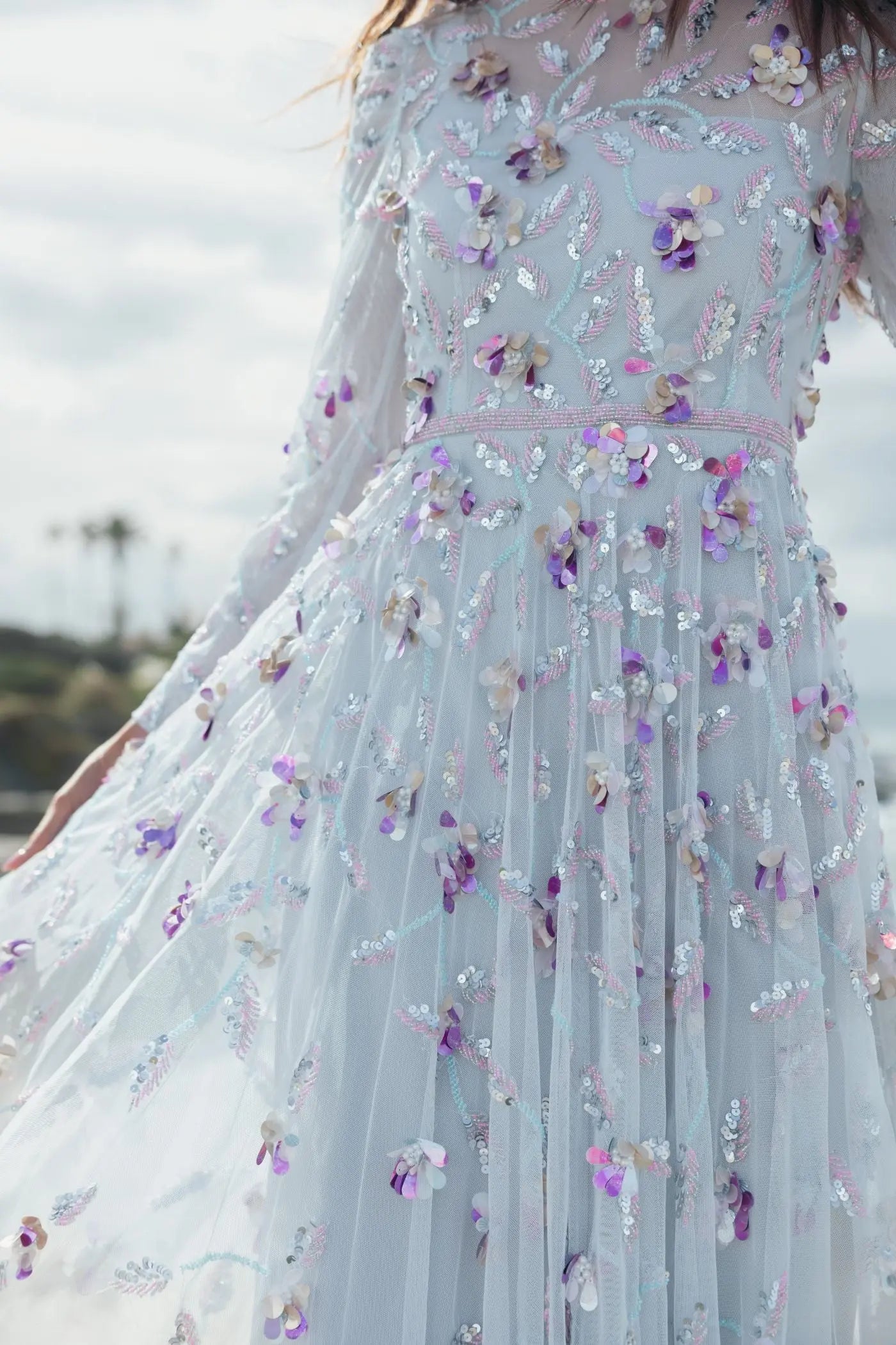Light Blue Long Sleeve Floral Embellished Evening Gown - Image 5