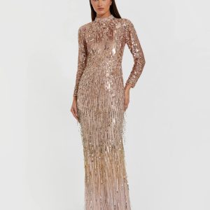 Pink Long Sleeve Fringe Embellished Column Gown