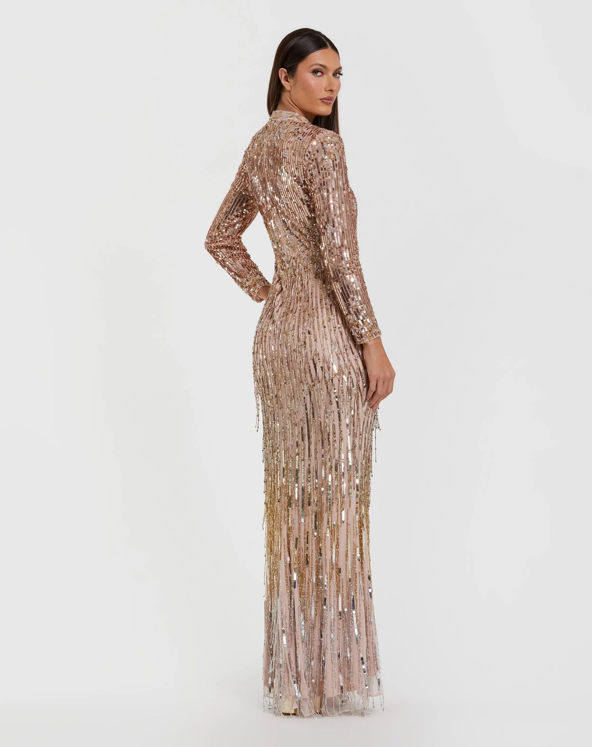 Pink Long Sleeve Fringe Embellished Column Gown - Image 3