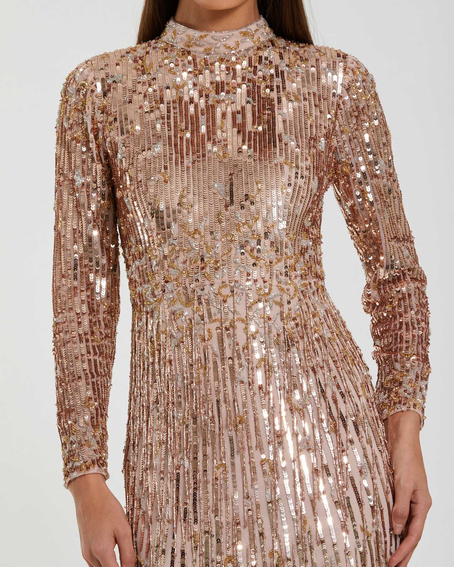 Pink Long Sleeve Fringe Embellished Column Gown - Image 2