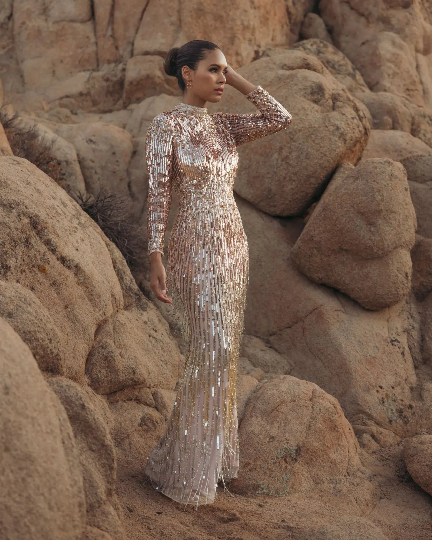 Pink Long Sleeve Fringe Embellished Column Gown - Image 6