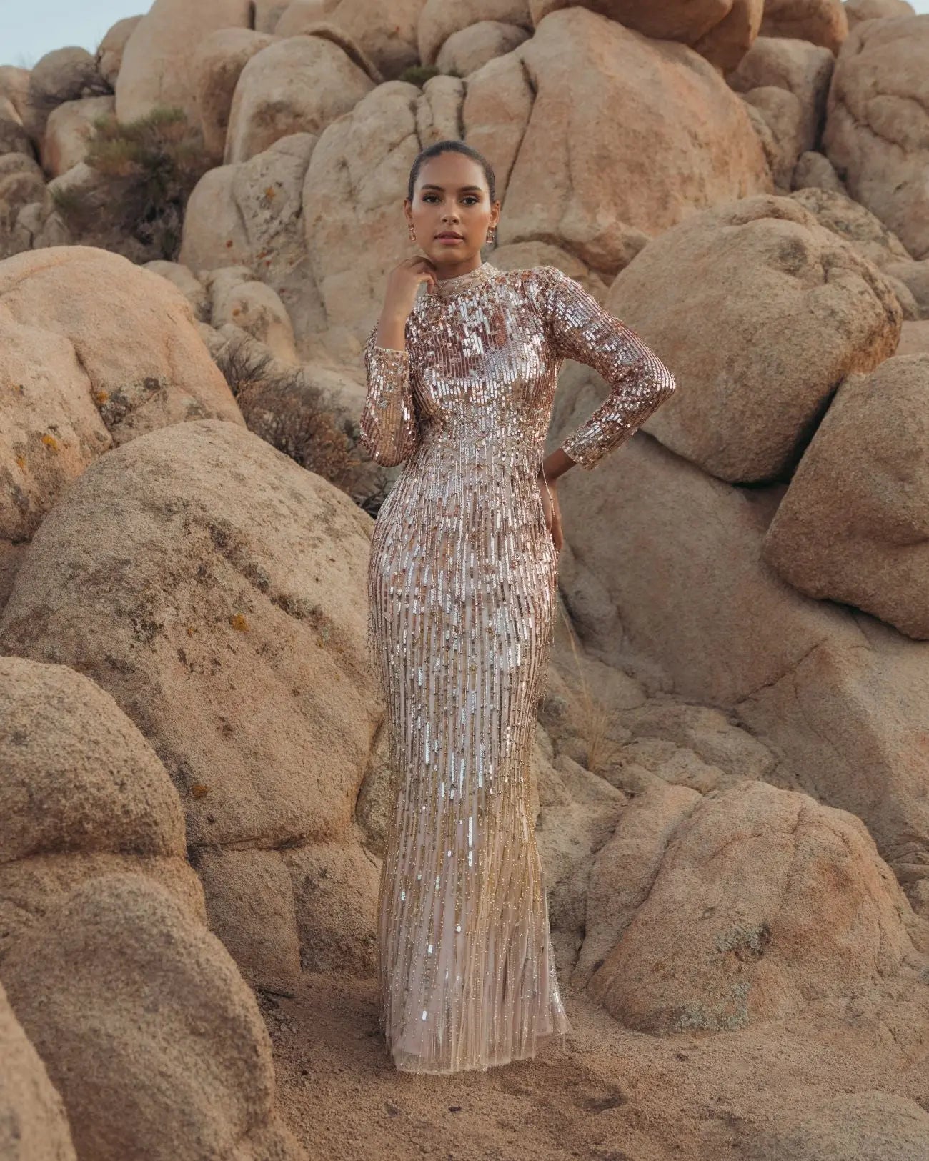Pink Long Sleeve Fringe Embellished Column Gown - Image 4