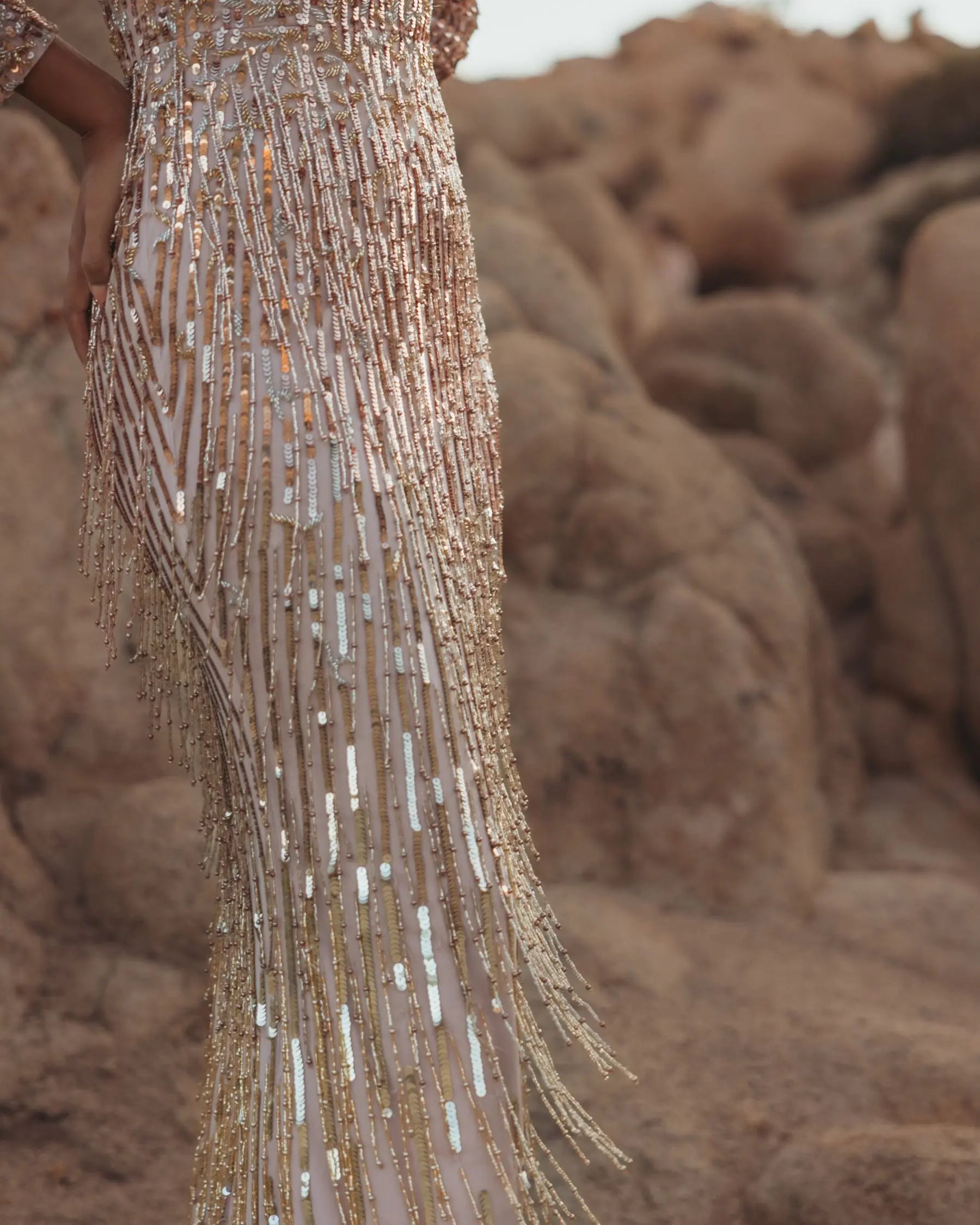 Pink Long Sleeve Fringe Embellished Column Gown - Image 5