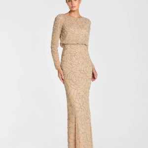 Beige Long Sleeve Beaded Blouson Gown