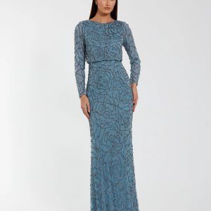 Blue Long Sleeve Beaded Blouson Gown