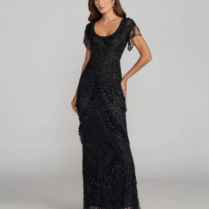 Black Cap Sleeve Beaded Fringe Column Gown