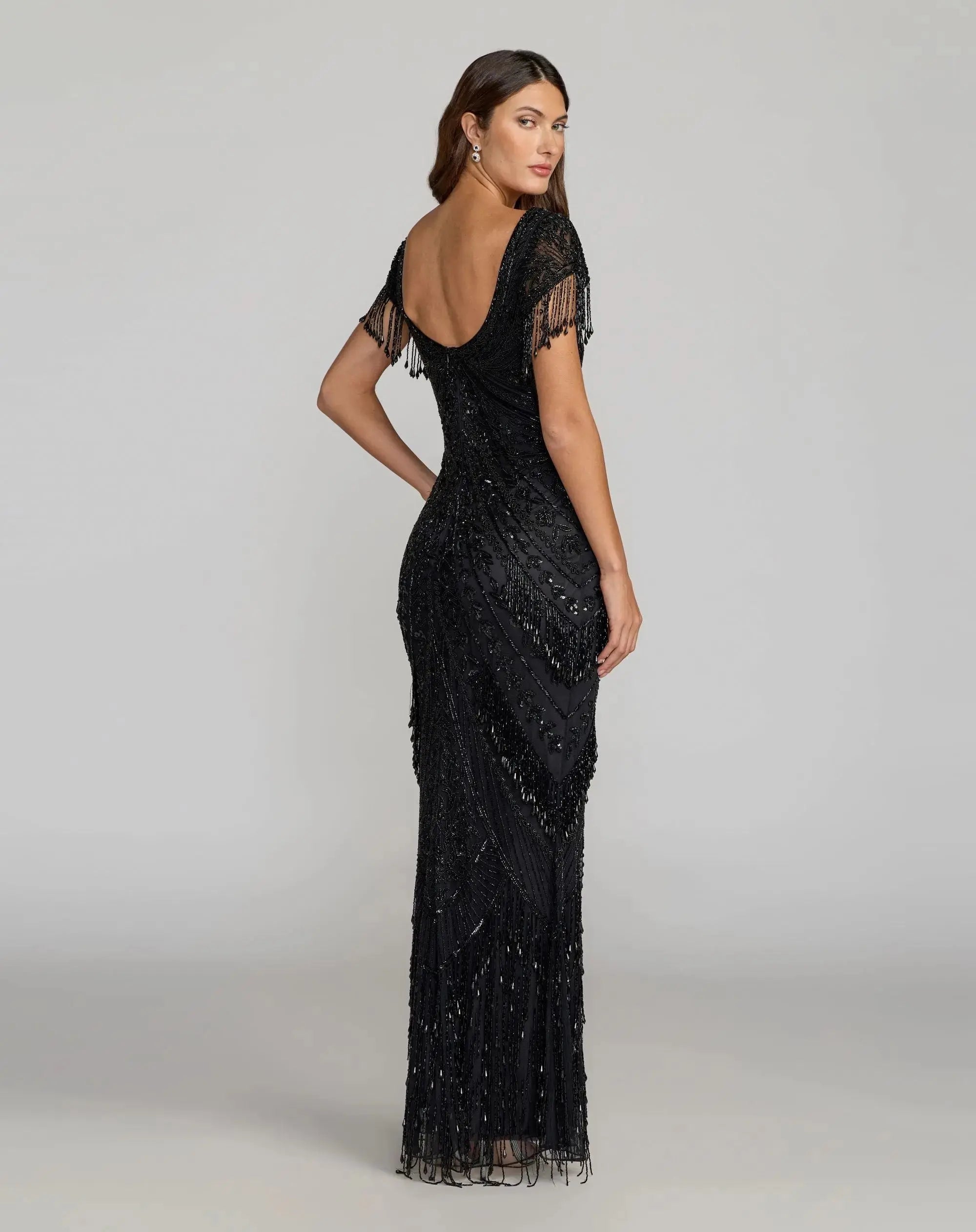 Black Cap Sleeve Beaded Fringe Column Gown - Image 4