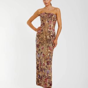 Gold Floral Embellished Strapless Column Dress
