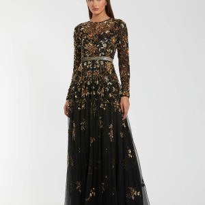 Black Hand Embellished Long Sleeve A Line Gown