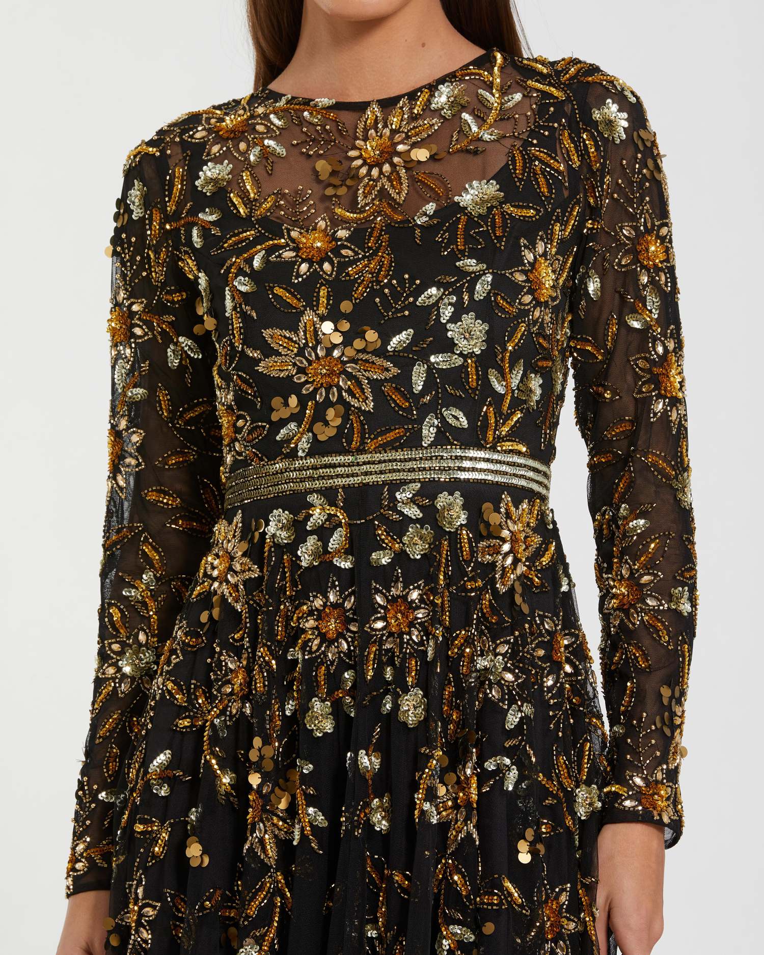 Black Hand Embellished Long Sleeve A Line Gown - Image 2
