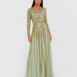 Green Beaded Long Sleeve Scoop Neck A Line Gown