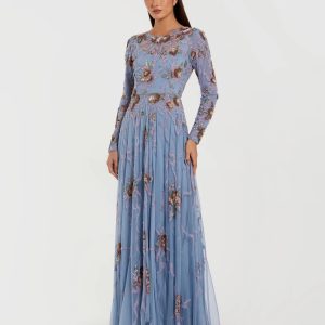 Blue Long Sleeve Floral Beaded Gown