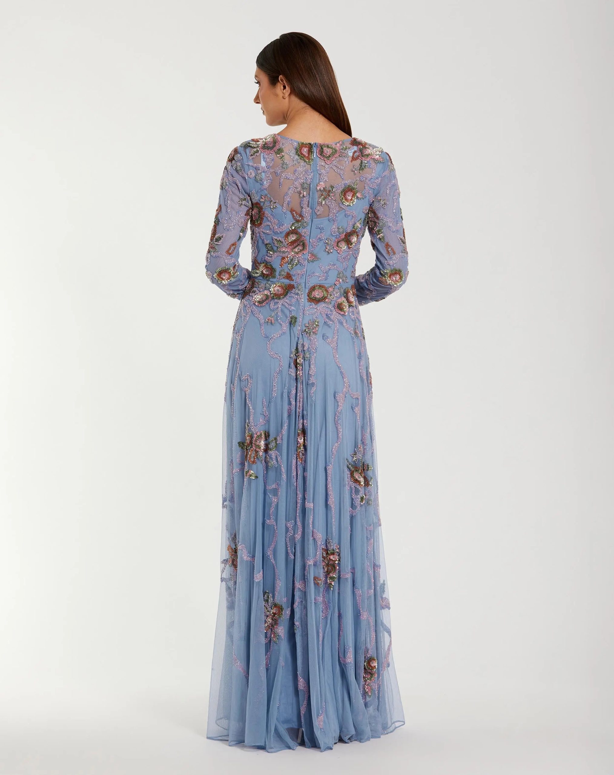 Blue Long Sleeve Floral Beaded Gown - Image 3