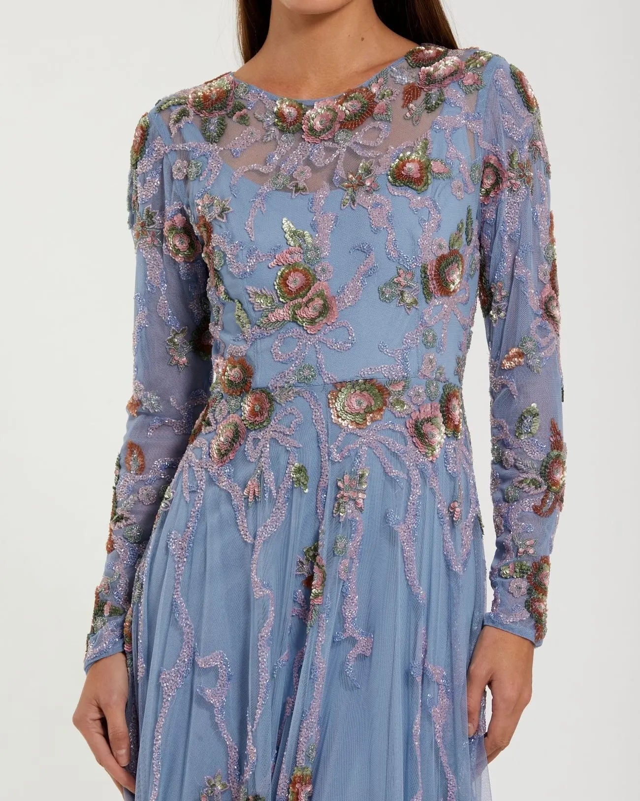 Blue Long Sleeve Floral Beaded Gown - Image 2