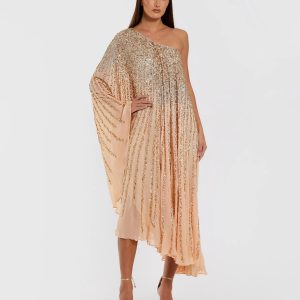 Light Orange One Shoulder Ombre Sequin Kaftan Dress