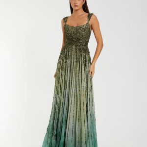 Green Sleeveless Sequin A Line Ombre Gown