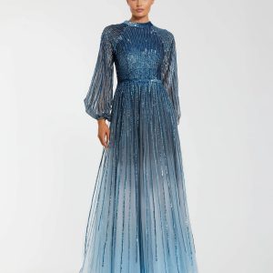 Blue Ombré Sequin Long Sleeve A-Line Evening Dress