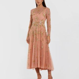 Beige Beaded Long Sleeve A Line Midi Dress