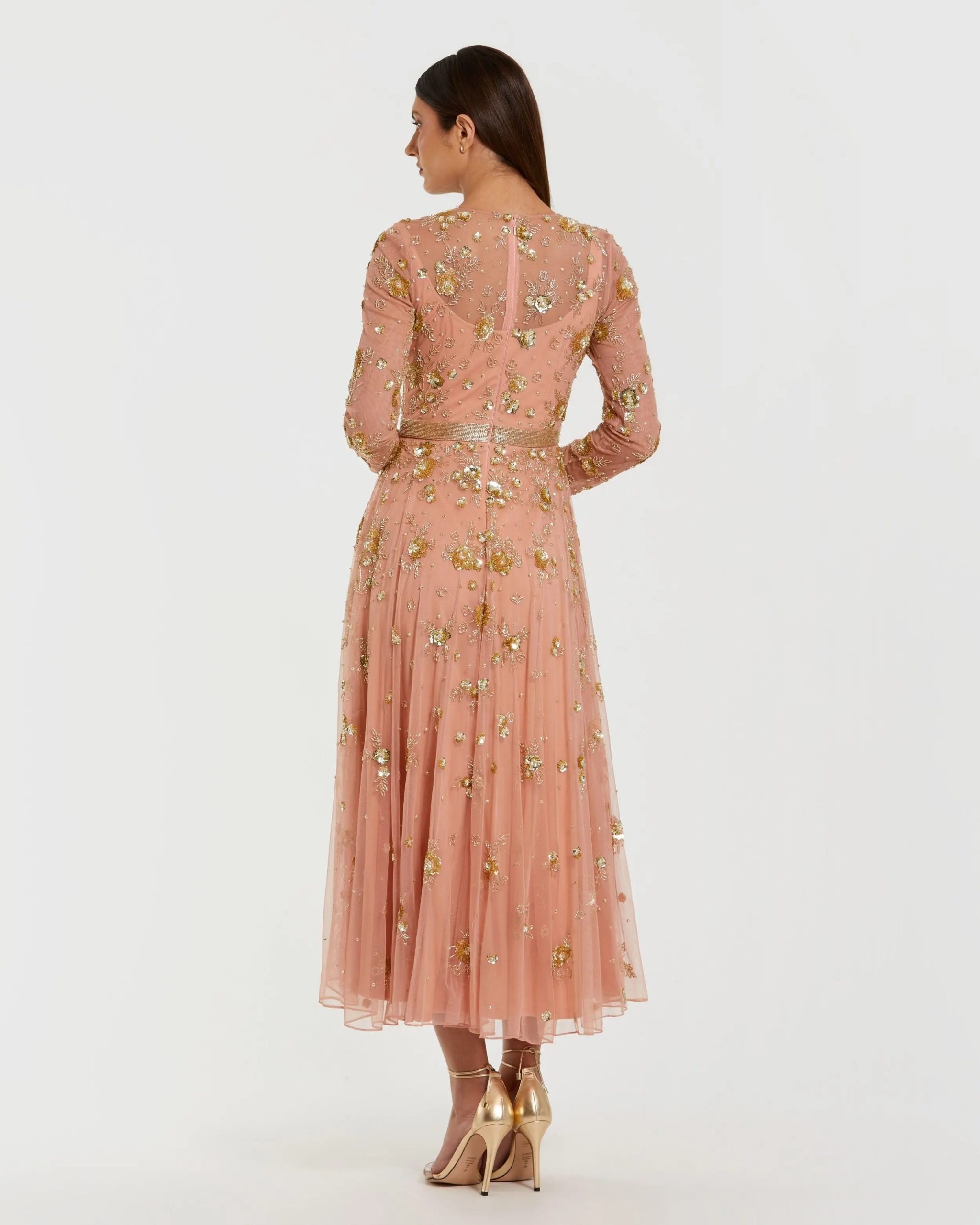 Beige Beaded Long Sleeve A Line Midi Dress - Image 3