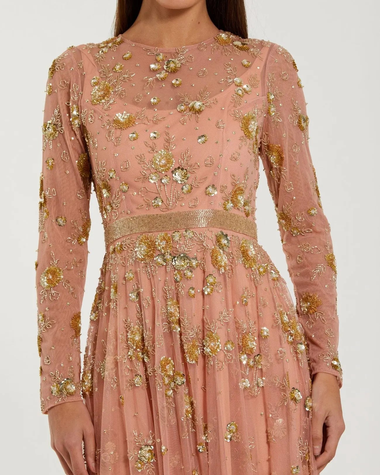 Beige Beaded Long Sleeve A Line Midi Dress - Image 2