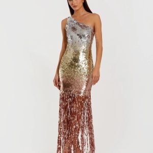 Multicolor Metallic Sequin One Shoulder Fringe Dress
