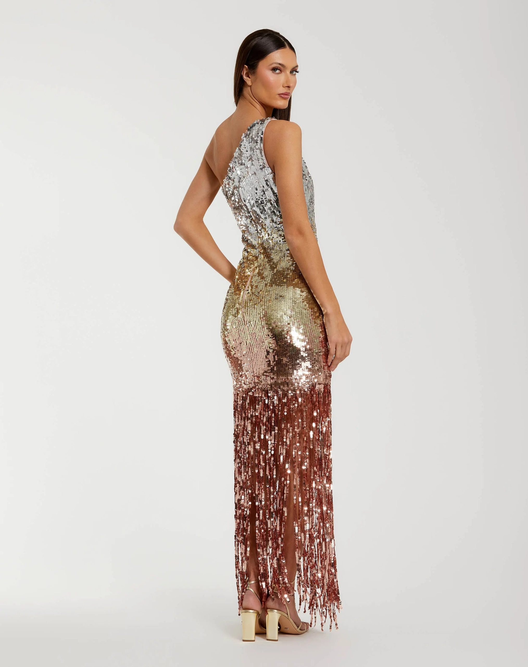 Multicolor Metallic Sequin One Shoulder Fringe Dress - Image 3