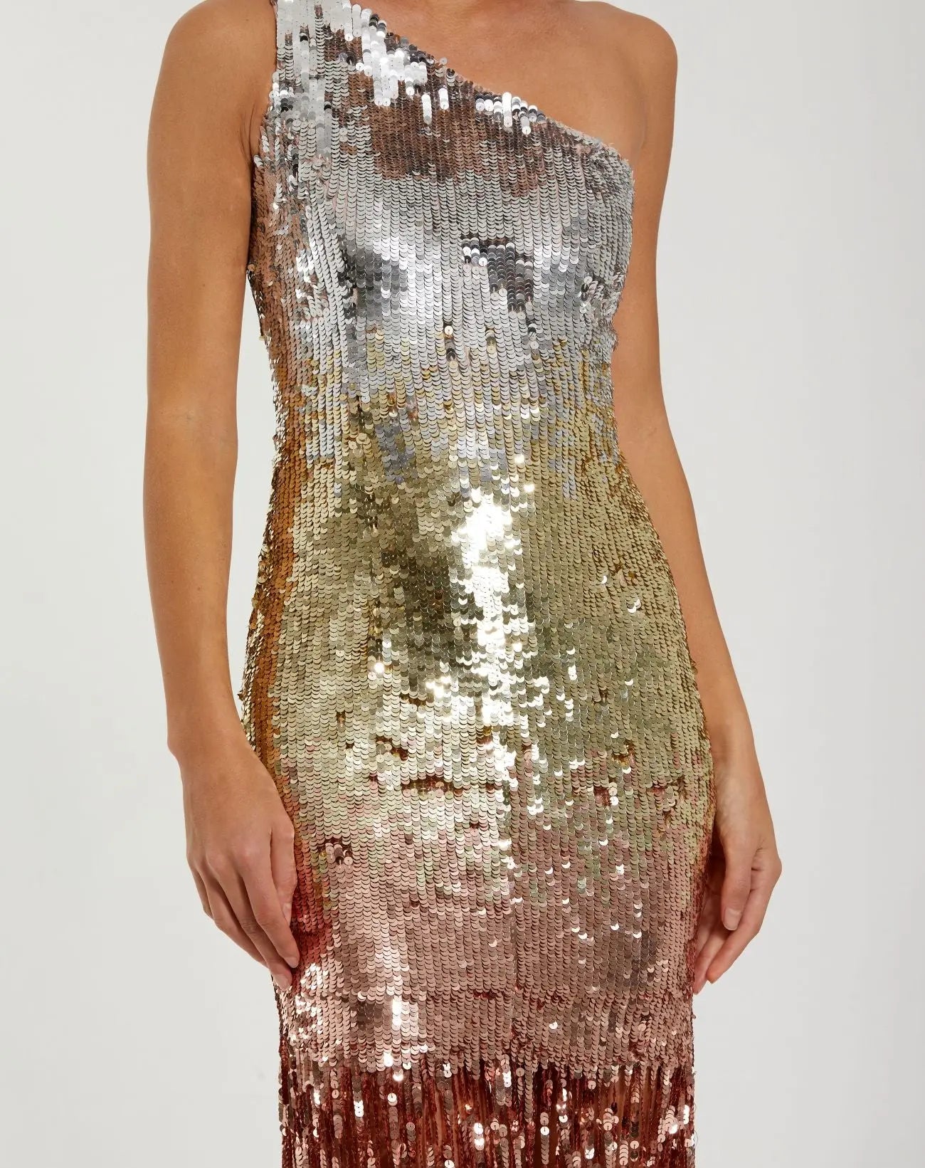 Multicolor Metallic Sequin One Shoulder Fringe Dress - Image 2