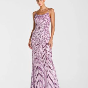 Purple Sleeveless Cowl Back Embellished Gown