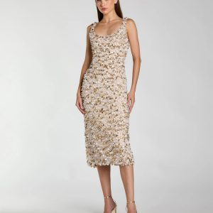 Beige Sleeveless Paillette Embellished Fitted Midi Dress