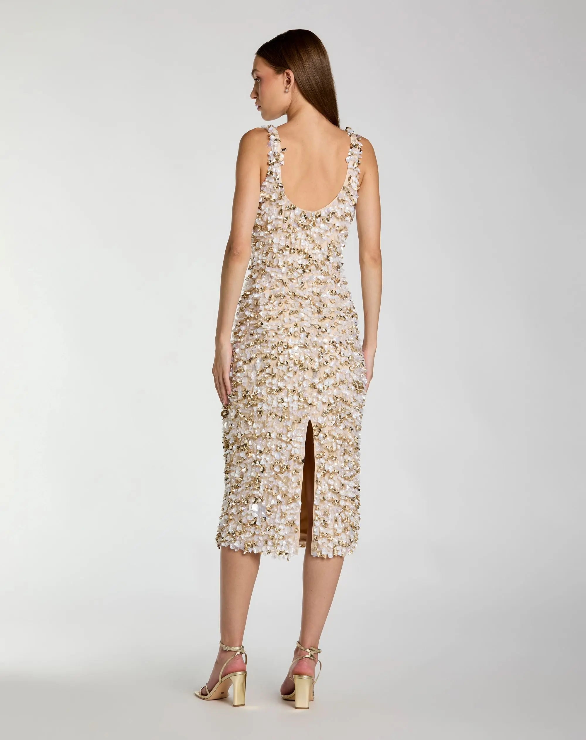 Beige Sleeveless Paillette Embellished Fitted Midi Dress - Image 3