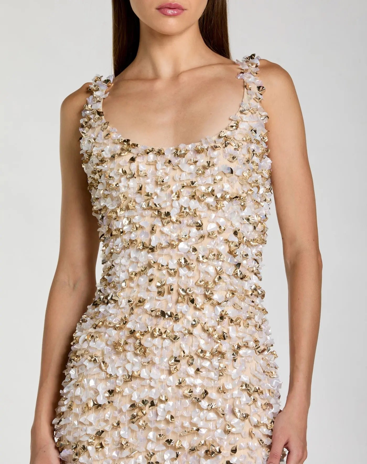 Beige Sleeveless Paillette Embellished Fitted Midi Dress - Image 2