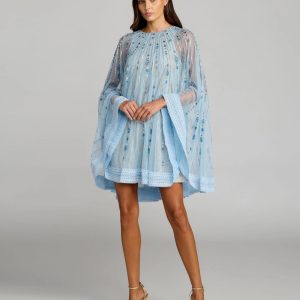 Blue Beaded Lace Cape Sleeve Mini Dress