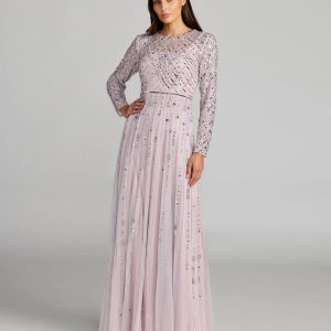 Purple Hand Embellished Long Sleeve A-Line Gown