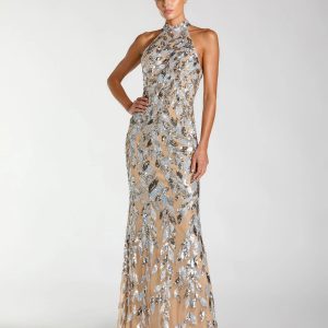 Silver Sequin Halter Backless Column Gown