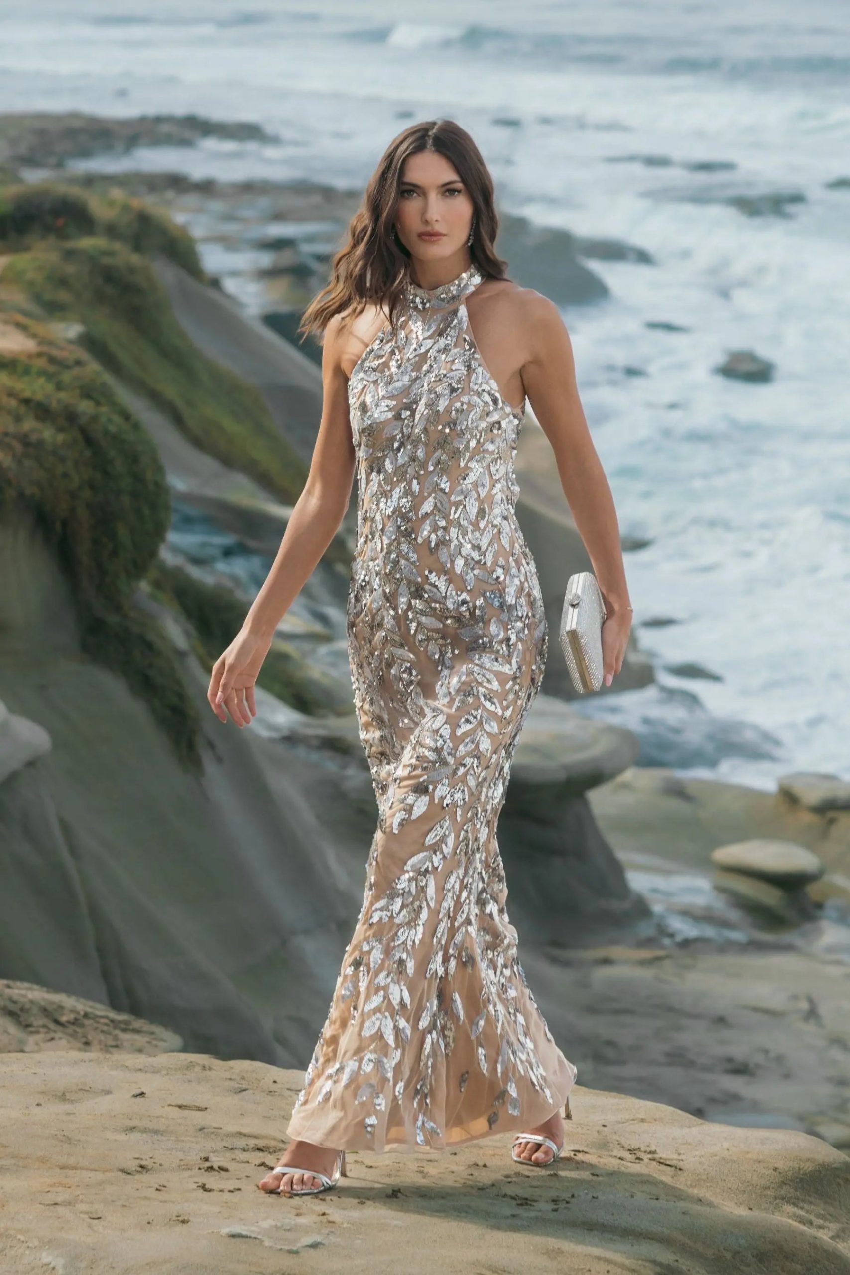Silver Sequin Halter Backless Column Gown - Image 5
