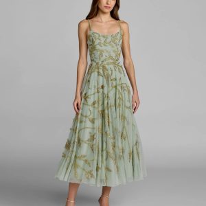 Green and Gold Floral Hand Beaded Midi Dress